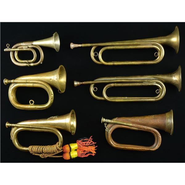 6 WWI ERA MILITARY BUGLES.