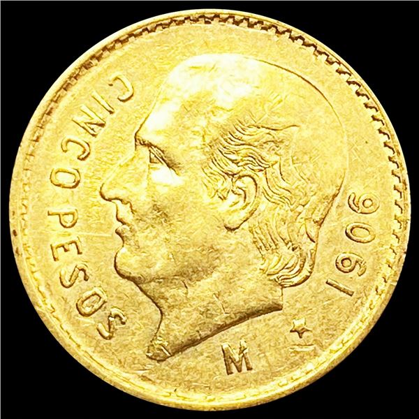 1906 Mexico .1206oz Gold 5 Pesos CLOSELY UNCIRCULA