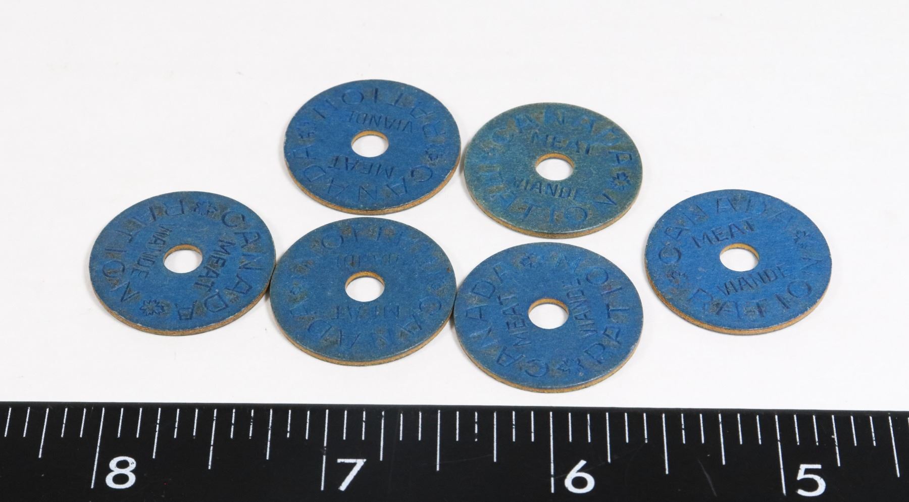 LOT OF 6 WWII CANADA MEAT RATION TOKENS