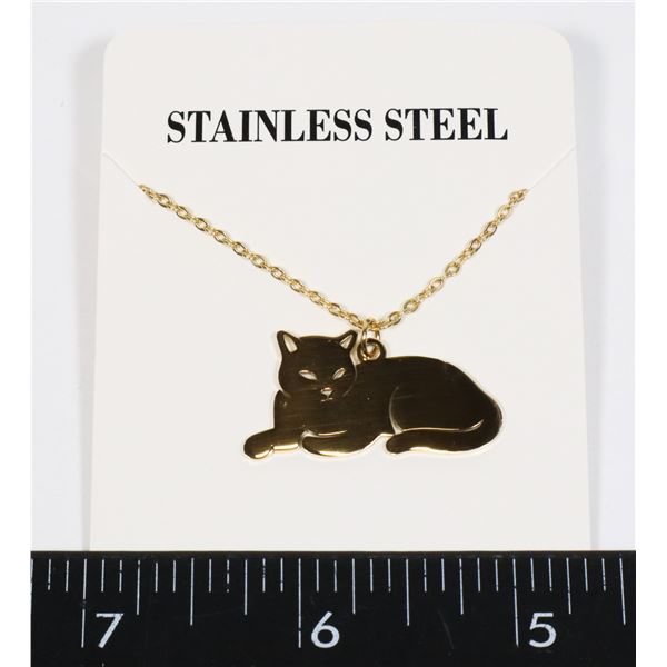 NEW STAINLESS STEEL CAT PENDANT AND CHAIN GOLD