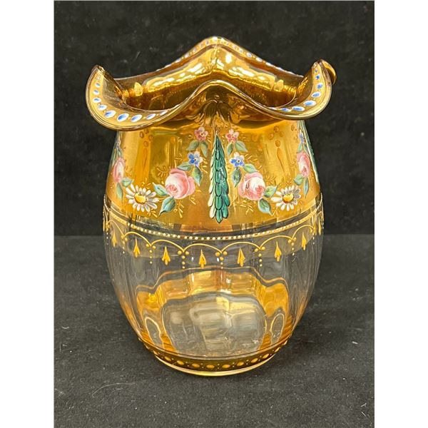 Vintage Handpainted Glass Vase Approx 6"T & 4.75"W