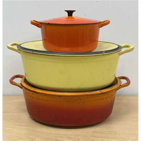 3 Well Used Good Quality Cast Iron Pots & Lids see pics for condition