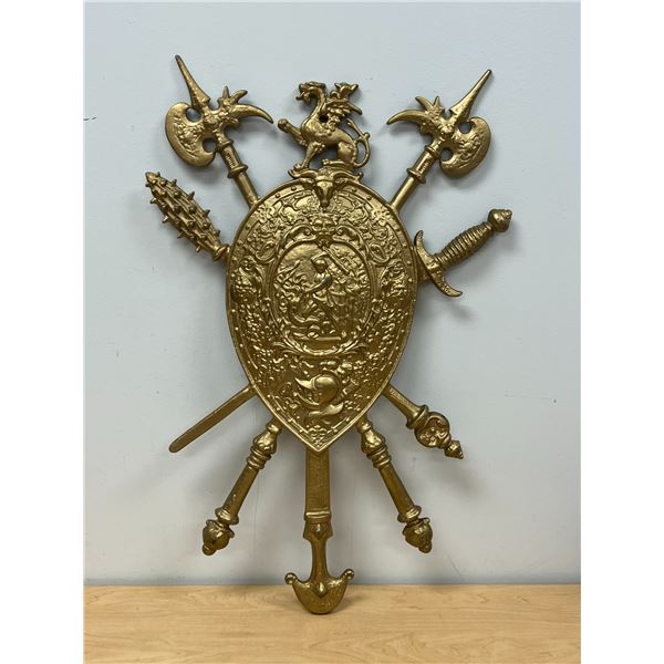 Vintage Cast Metal Coat of Arms Wall Hanging (some paint wear) About 30