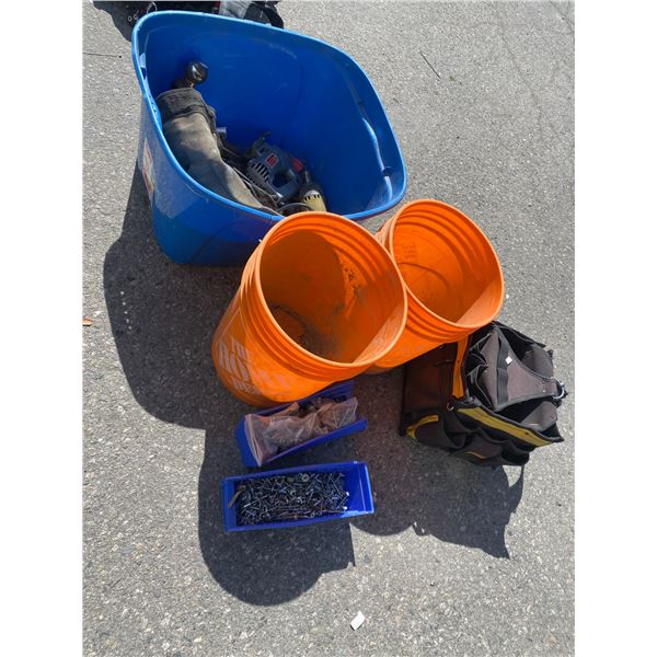 Assorted tools, buckets and dewalt tool bag
