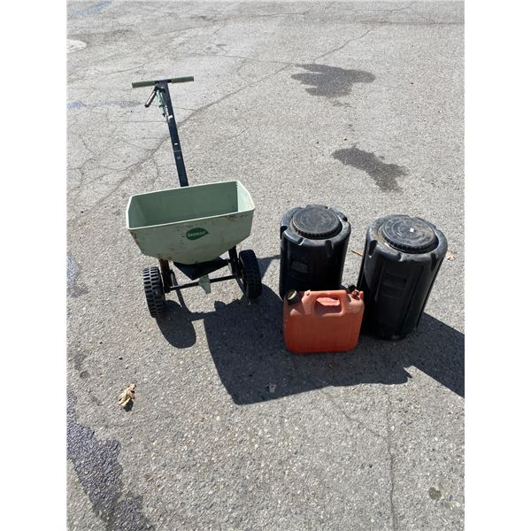 Fertilizer spreader, fertilizer and container and gas can