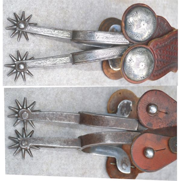 unmarked Morales silver inlaid long shank spurs