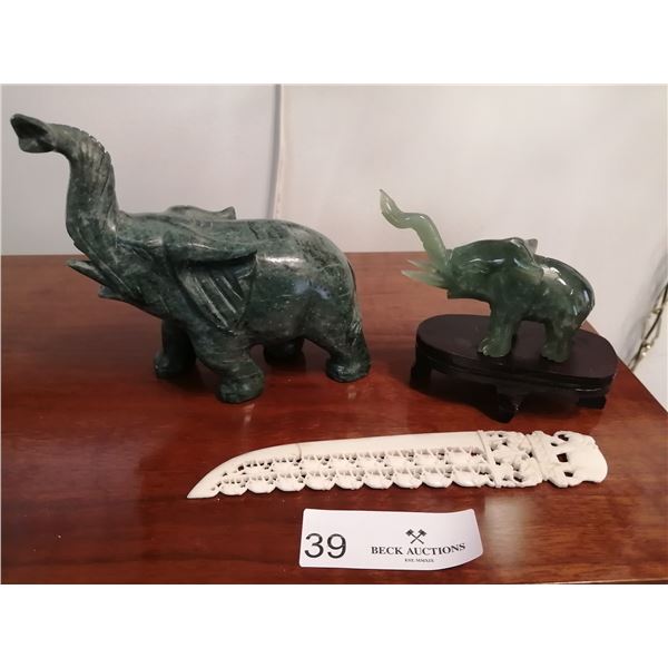 Stone and Jade-Look Elephant Carvings and Carved Elephant Letter Opener (Possibly Ivory)