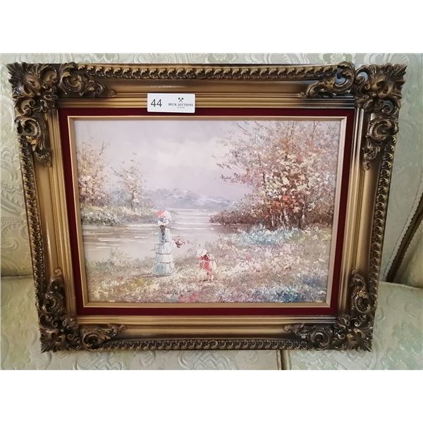 Oil on Canvas Painting of Woman with Children at the Lake