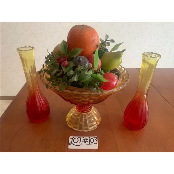 2 x Colored Glass Vases and Artificial Fruits in Glass Vase