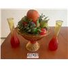 Image 1 : 2 x Colored Glass Vases and Artificial Fruits in Glass Vase