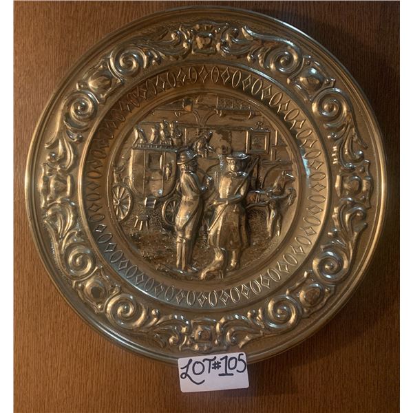 Decorative Brass-Colored Plate Depicting Horse-Drawn Carriage Scene