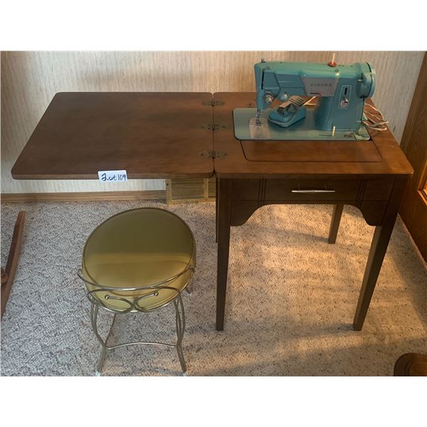 Antique Singer Sewing Machine, Sewing Table, and Vintage Wireframe Stool