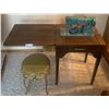 Image 1 : Antique Singer Sewing Machine, Sewing Table, and Vintage Wireframe Stool
