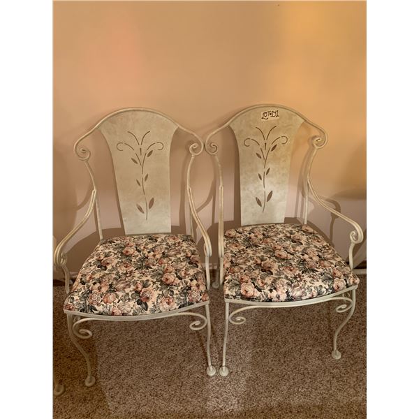 2 x White Metal Chairs w/ Floral Cushions