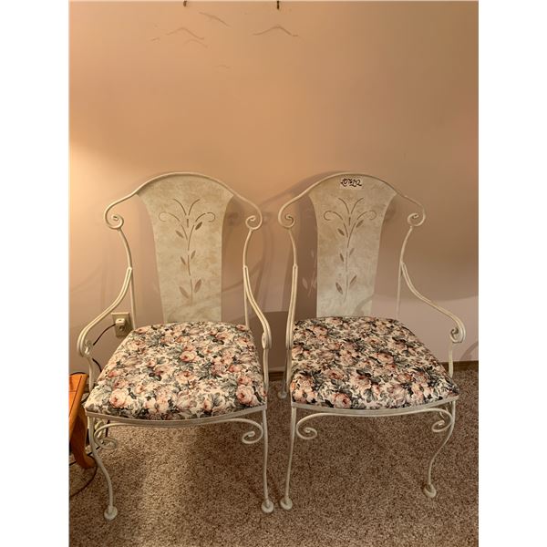 2 x White Metal Chairs w/ Floral Cushions