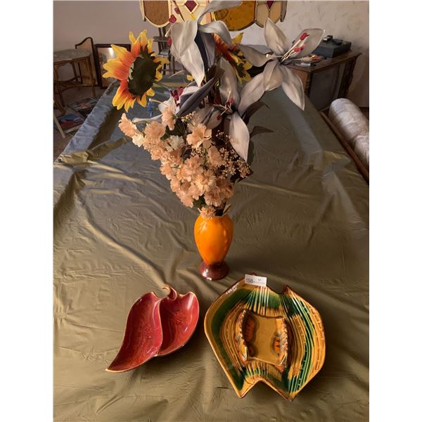Beautiful Orange Vase w/ Artificial Flowers and 2 x Decorative Serving Dishes