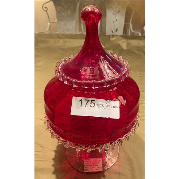 1950s Venetian Ruby Crystal Bowl w/ Rigaree and Spiral Twist Stem