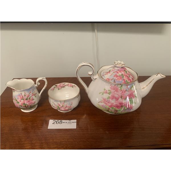 Royal Albert "Blossom Time" Teapot, Sugar Bowl, and Creamer