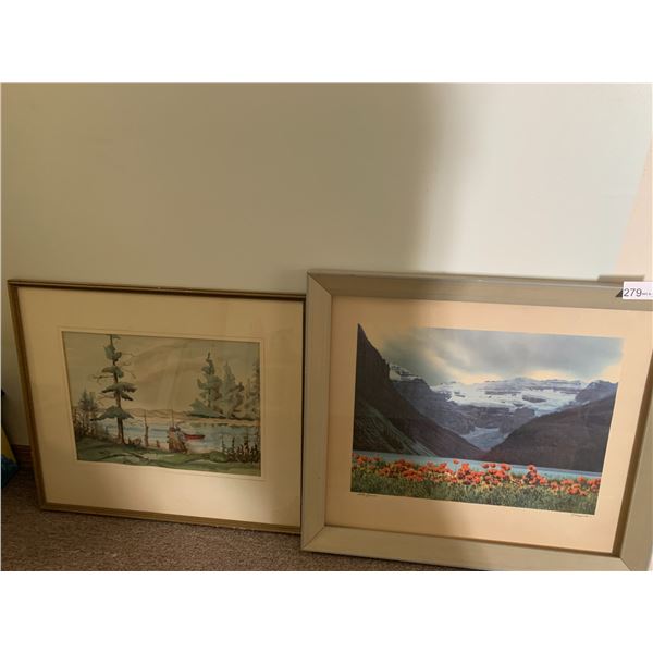 Framed Print of Lake Louise (Artist Illegible) and Framed Watercolor by N. Armstrong