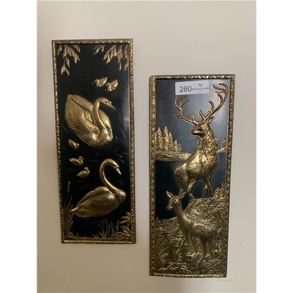 2 x Black and Brass-Colored Metal Artworks of Deer and Swans