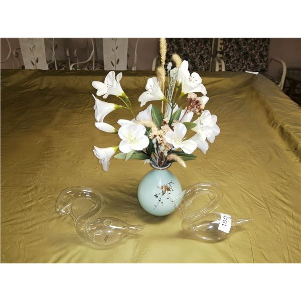 Potted Artificial Plant w/ 2 x Glass Swan Decorations