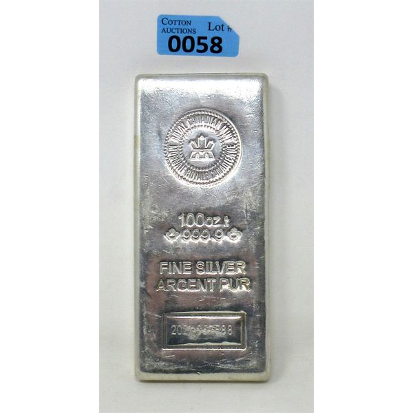 100 Oz .9999 Silver Canada Serial Numbered Bar