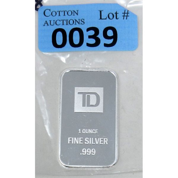 1 Oz .999 Silver TD Bank Investor Bar 
