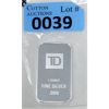 Image 1 : 1 Oz .999 Silver TD Bank Investor Bar 