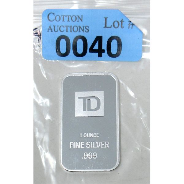 1 Oz .999 Silver TD Bank Investor Bar 