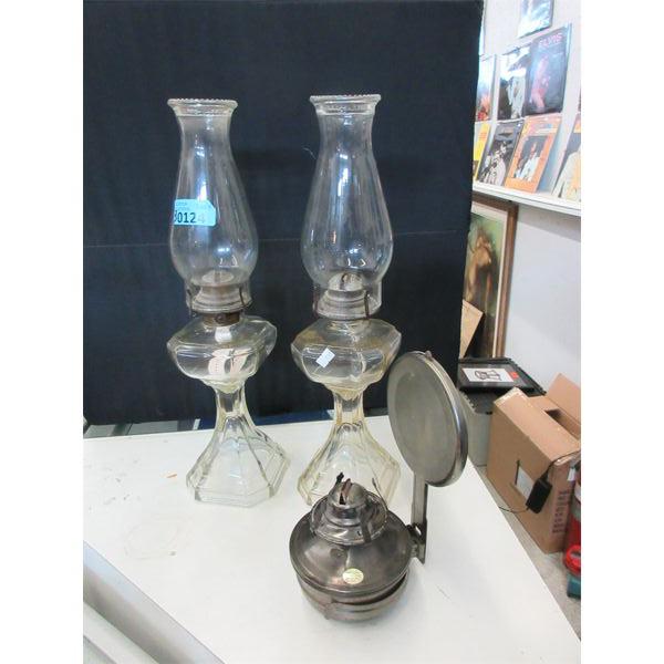 Pair of  Vintage Glass Oil Lamps & 1 Metal Oil Lamp