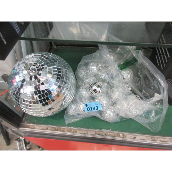 Disco Ball & Bag of Several Disco Ball Ornaments