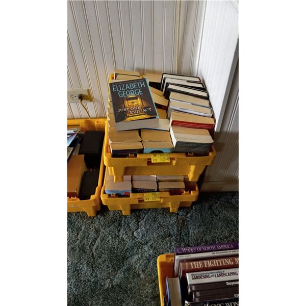 2 BINS OF SOFT & HARD COVER BOOKS