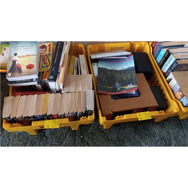 2 BINS OF SOFT COVERED BOOKS, LG. WEBSTER DICTIONARY, MAPS, ETC.