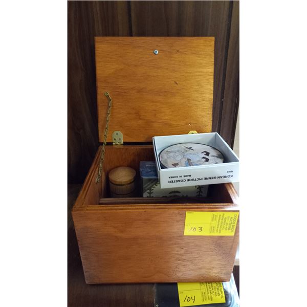 SM. WOODEN BOX W/ASST. COASTERS & WOODEN CONTAINERS