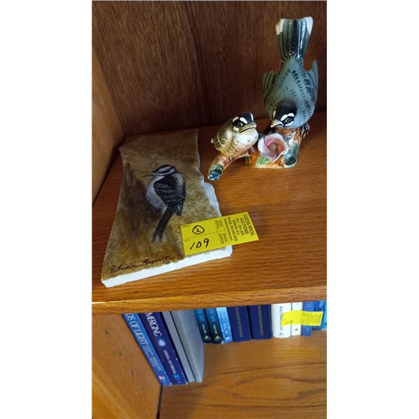 PAINTED STONE "THE DOWNIE WOODPECKER" ON KOOTENAY STONE BY PATRICIA BROWN & A BIRD FIGURINE OF THE R