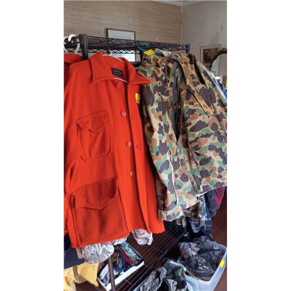 PIONEER SPORTSWEAR RED WOOL JACKET, SZ M & CAMO RAIN JACKET, SZ M