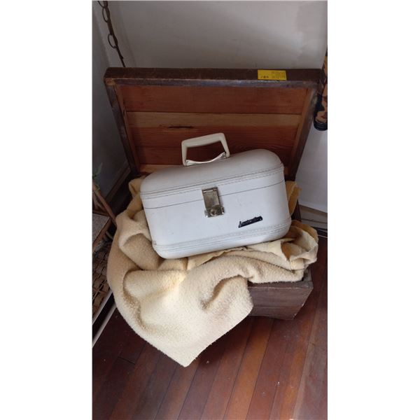 WOODEN TRUNK W/BLANKET & A SM SUITCASE