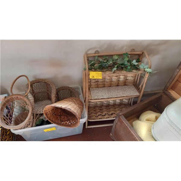 SM WICKER SHELF UNIT & BIN OF ASST. WICKER PIECES