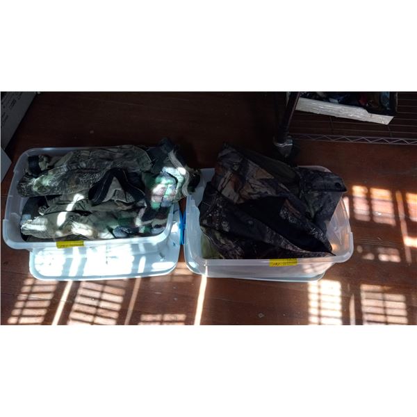 2 BINS OF MISC. CAMO GATERS, HOODS, ETC.