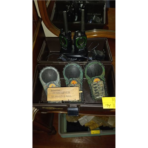 MISC. ELECTRONIC CALLS, WOODEN TURKEY CALL, RADIOS (NEED BATTERIES) ETC.