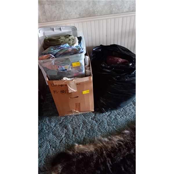 BIN, BOX & BAG OF MISC. TOWELS, SHEETS, DOILIES, ETC.