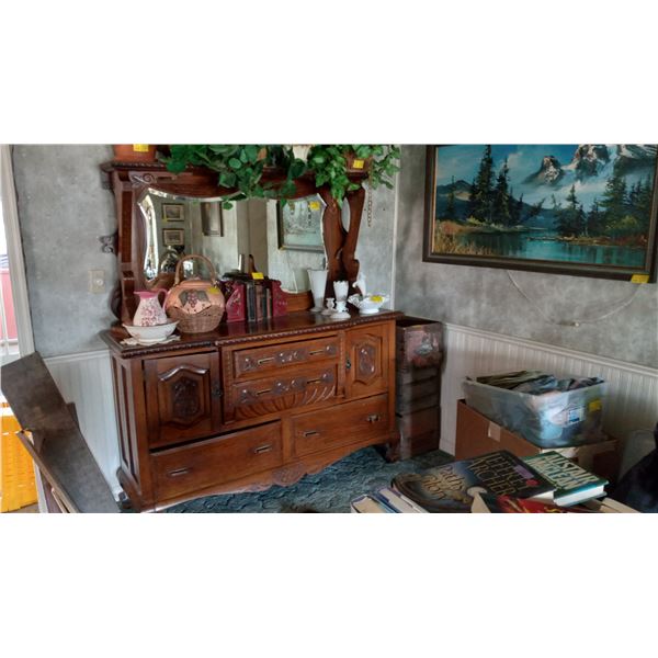 LG MIRROR BACK ANTIQUE CARVED FRONT SIDEBOARD CABINET