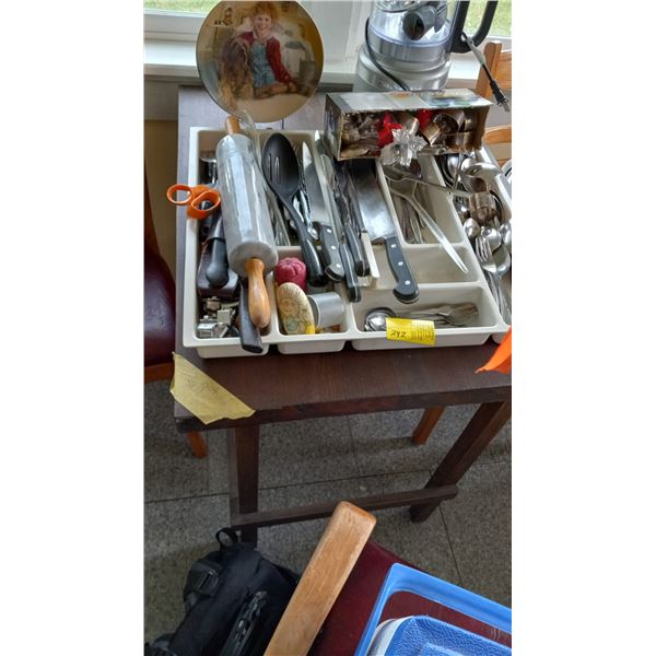 LG. CUTLERY TRAY W/ASST. CUTLERY, UTENSILS, ROLLING PIN, ETC.