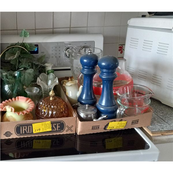 2 BOXES OF MISC. VASES, WATER PITCHERS, MEASURING CUPS, ETC.