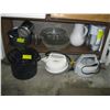 Image 1 : MISC. GLASS MIXING BOWLS, PIE PLATES, WATER DISPENSER, KETTLES. ETC.