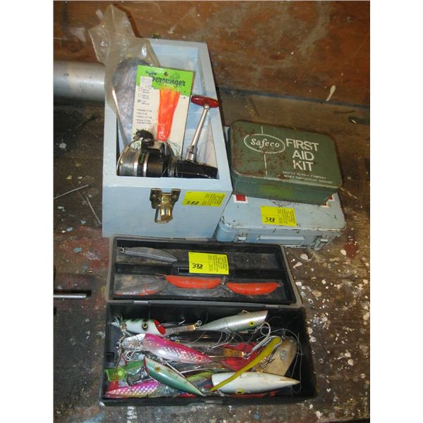 MISC. FISHING TACKLE, SPINNING REEL, 2 EMPTY FIRST AID BOXES, ETC.