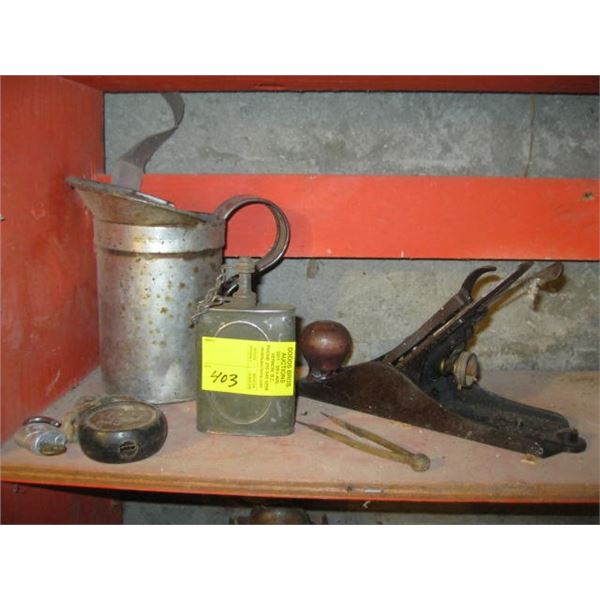 COLLECTABLE MISC. LOCKS, WOOD PLANE, OIL CAN, ETC.