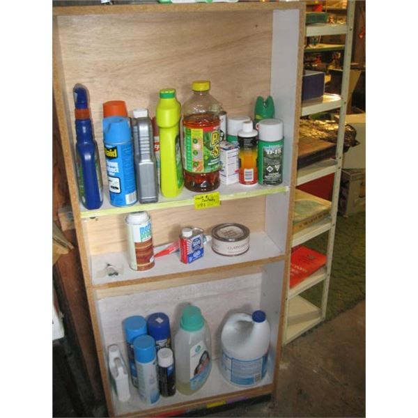 SHELF UNIT W/ASST. CLEANERS, BUG SPRAY, ETC.