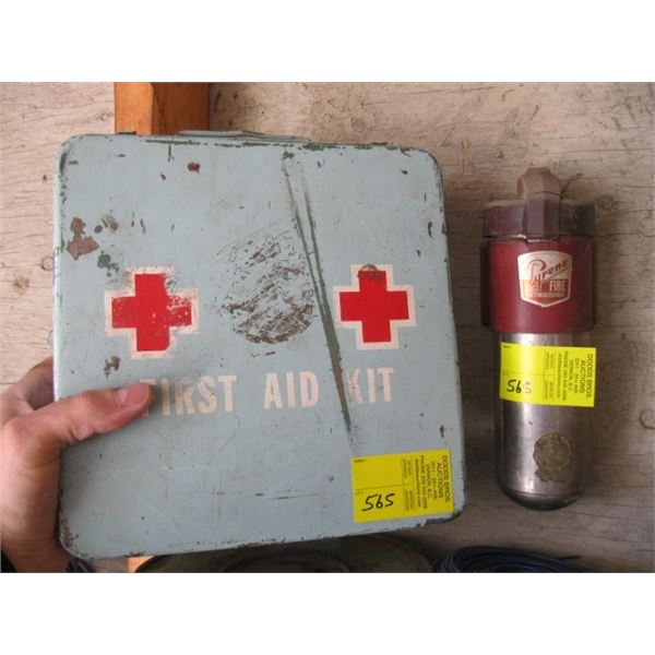 FIRST AID KIT & AN ANTIQUE FIRE EXTINGUISHER