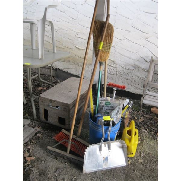 MISC. BROOMS, DUSTPAN, WOODEN STORAGE BOX, ETC.